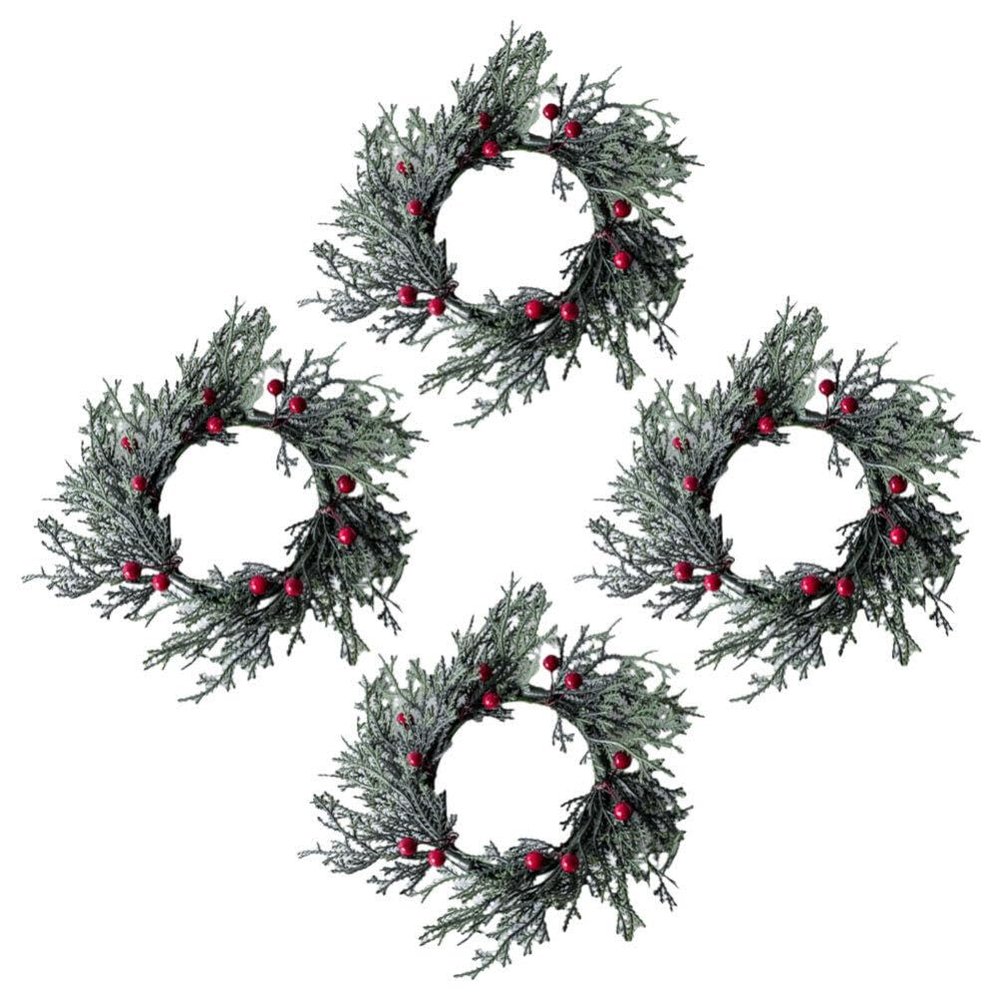 ABOOFAN 4pcs Christmas Candle Rings Wreath Holly Leaves Red Berry Wreath Candle Holder Mini Wreaths for Pillar Kitchen Cabinet Christmas Window Home Table Centerpiece