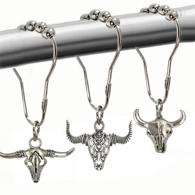 Cow Shower Curtain Hooks, Western Cowboy Shower Curtain Hooks Rings Highland Cow Bathroom Decor Metal Silvery Farmhouse Rustic Farm Decorative Shower Curtain Hooks