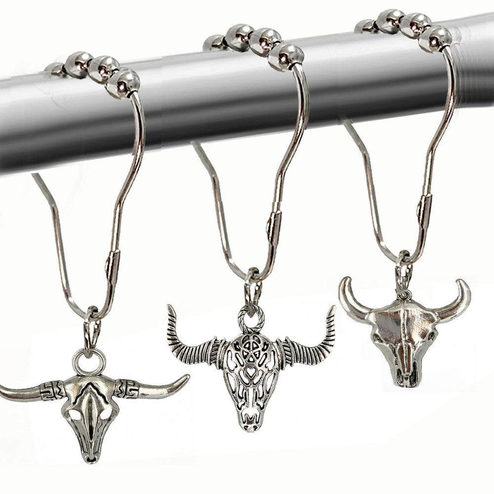 Cow Shower Curtain Hooks, Western Cowboy Shower Curtain Hooks Rings Highland Cow Bathroom Decor Metal Silvery Farmhouse Rustic Farm Decorative Shower Curtain Hooks