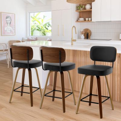Bekrvio Swivel Counter Height Bar Stools Set of 3, 26" Upholstered Faux Leather Barstools with Back and Bent Wood Legs, Mid Century Modern Bar Chair Island Stool for Kitchen Counter, Black