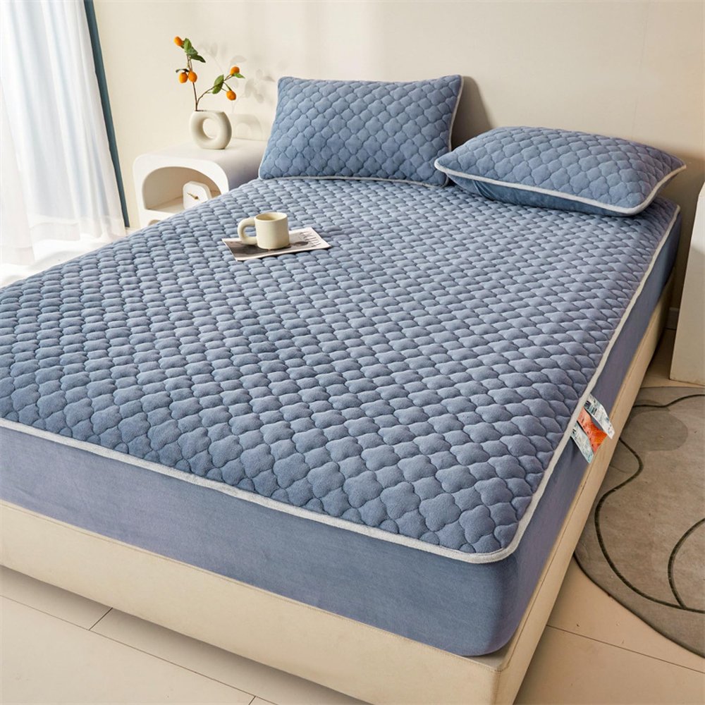FCLDESHOP Fits Mattress Perfectly Sheets,Solid Color Warm and Thickened Milk Velvet Quilted Sheet,Mattress Cover for 12"/30cm Deep Mattresses,Grey Blue,180x200cm (1pcs)