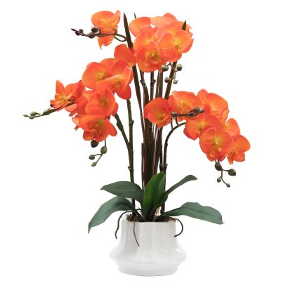 CXGS Artificial Orchid Flower Plant 20.9'' Real Touch Faux Orchids in Ceramic Vase Orange Fake Phalaenopsis Flower Arrangement Silk Orchids with Stems for Centerpiece Table Home Indoor Decor
