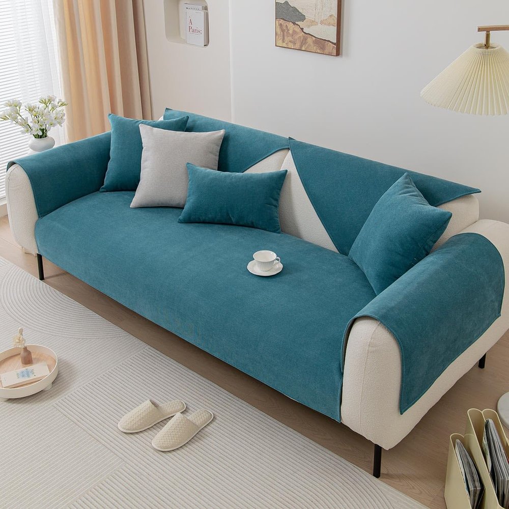 Cenyu Funny Fuzzy Couch Covers for Sofa, Cotton Magic Sofa Cover Mat for PetsNon Slip Linen Sofa CoverWashable Sofa Protector Anti Scratch (Lake Blue, 70x180cm/27.5x70.8 inches)
