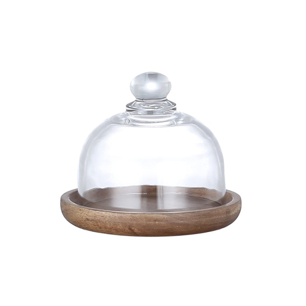 WALDOR Butter Dish Butter Dish with Lid Dessert Cake Dish Wooden Tray Transparent Glass Cover Lid Fruit Chocolate Macaroon Sushi Butter Plate Food Container Butter Keeper Ceramic Butter Dish