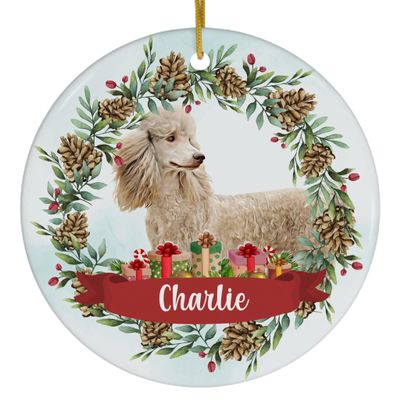 Pinecones Theme Design with Silver Beige Standard Poodle Personalized Christmas Ornaments 2025 Circle White Ceramic Puppy Owner Gifts