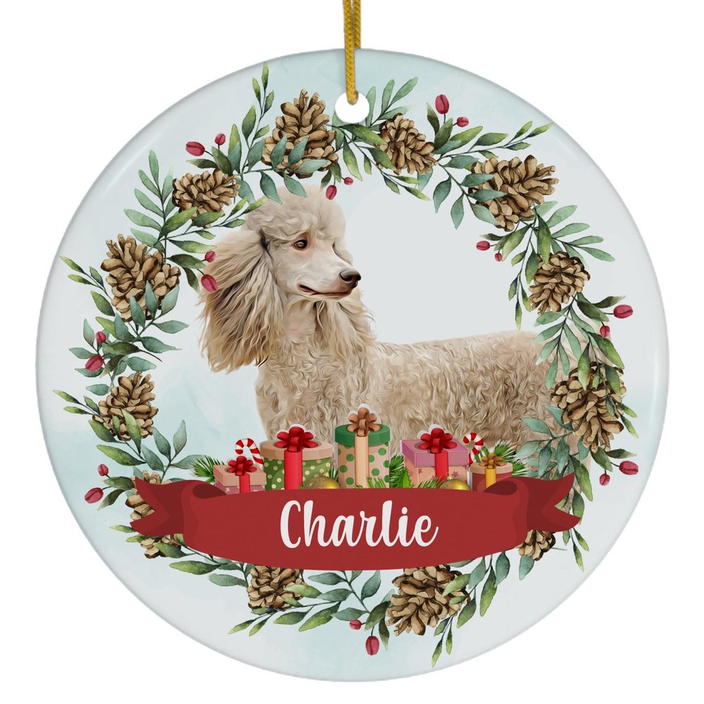 Pinecones Theme Design with Silver Beige Standard Poodle Personalized Christmas Ornaments 2025 Circle White Ceramic Puppy Owner Gifts