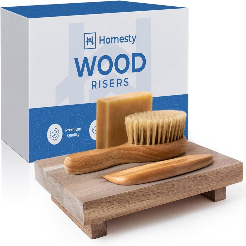 Homesty Wood Risers for Decor - Acacia Wood Tray for Kitchen Counter - Pedestal Stand for Bathroom Counter Decor - Wooden Riser, Dish Soap Tray, Soap Stand (Natural)