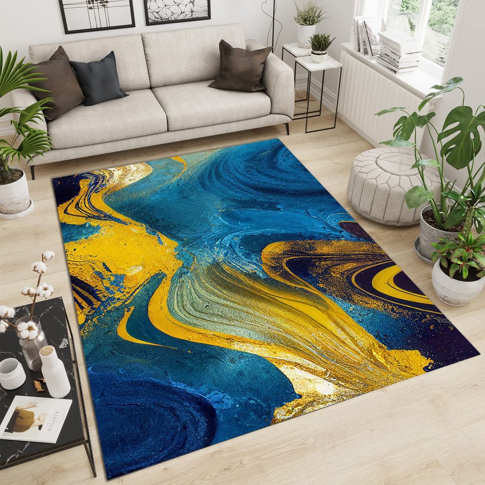 3D Graffiti Art Abstract Area Rugs, Blue Gold Luxury Hand Painted Oil Painting Apartment Carpet, Bedroom Rug Pattern Clear Comfortable Feet Apply to Kitchen Dining Room,57ft/150 * 210cm