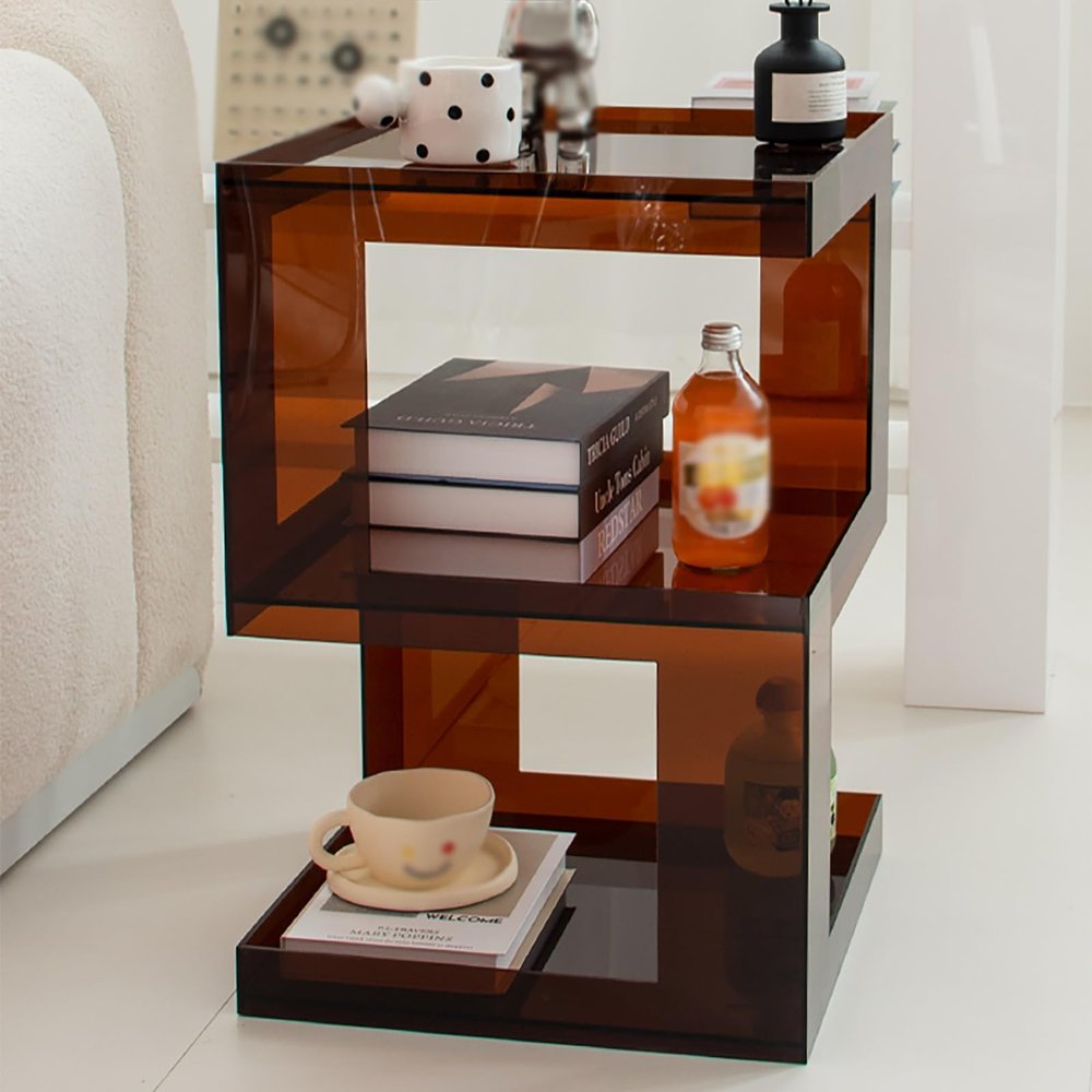 Yqyc Acrylic Side Table, Acrylic Nightstand with Storage Slots, Acrylic End Table for Living Room, for Living Room Bedroom Balcony Patio (Color : Reddish Brown)