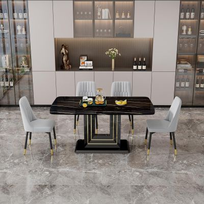 5-Piece Modern Glass Dining Table Set, 63 inch Rectangular Kitchen Table Set with Black Imitation Marble Pattern Dining Room Table Set with 4 Light Gray Soft Seat PU Chairs for Dining Room and Kitchen