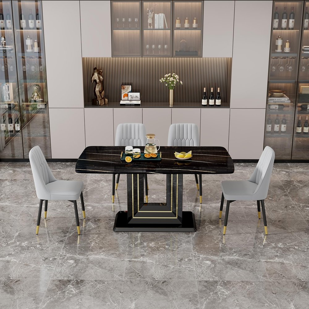 5-Piece Modern Glass Dining Table Set, 63 inch Rectangular Kitchen Table Set with Black Imitation Marble Pattern Dining Room Table Set with 4 Light Gray Soft Seat PU Chairs for Dining Room and Kitchen