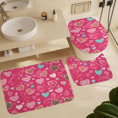 ZGDPBYF 3 Piece Pink Valentine's Day Bathroom Rug Set Pink|Heart|Leopard|Girls Include Bath Mat Contour Rug with Lid Cover