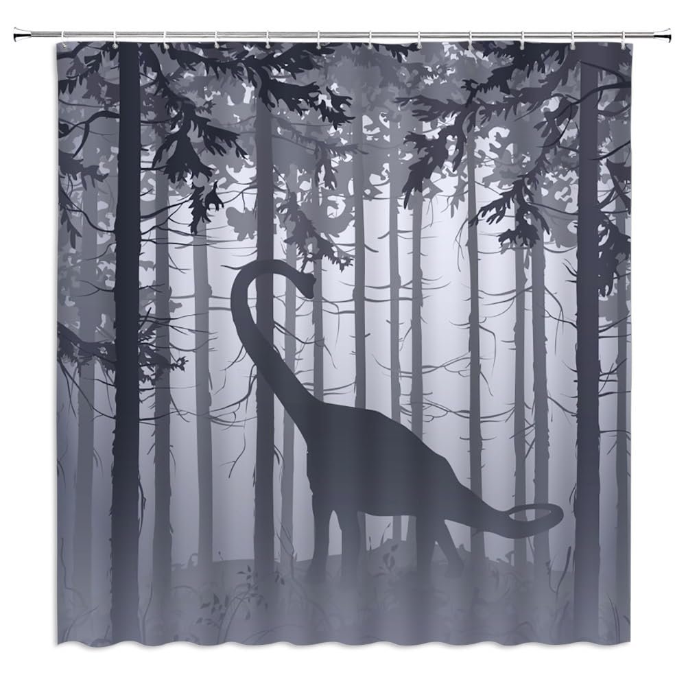 ZWSMZW Dinosaur Shower Curtain Foggy Forest Wildlife Rustic Lodge Country Farmhouse Outdoor Black White Bathroom Decor Fabric Curtains with Hooks