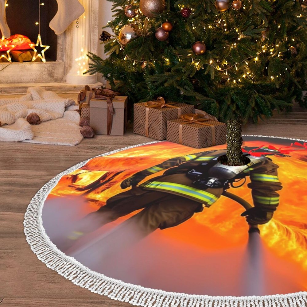 Christmas Tree Skirt with Tassel Firefighter Fireman Flame 36" Christmas Tree Skirts Decoration mat Rustic Tassel Xmas Tree Cover Mat Waterproof Xmas Tree Skirt for Holiday Farmhouse Decorations
