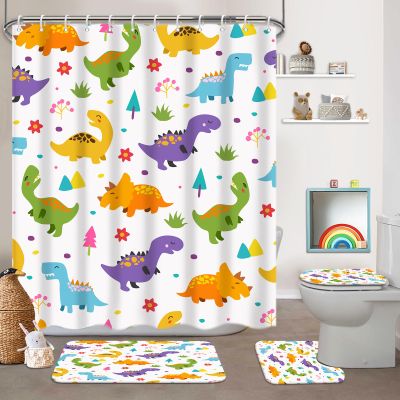 KINUUIS 4 Pcs Kids Bathroom Set Cartoon Dinosaur Shower Curtain Sets with Non-Slip Rugs Toilet Lid Cover and Bath Mat Set, Children Boy Bathroom Decor with 12 Hooks