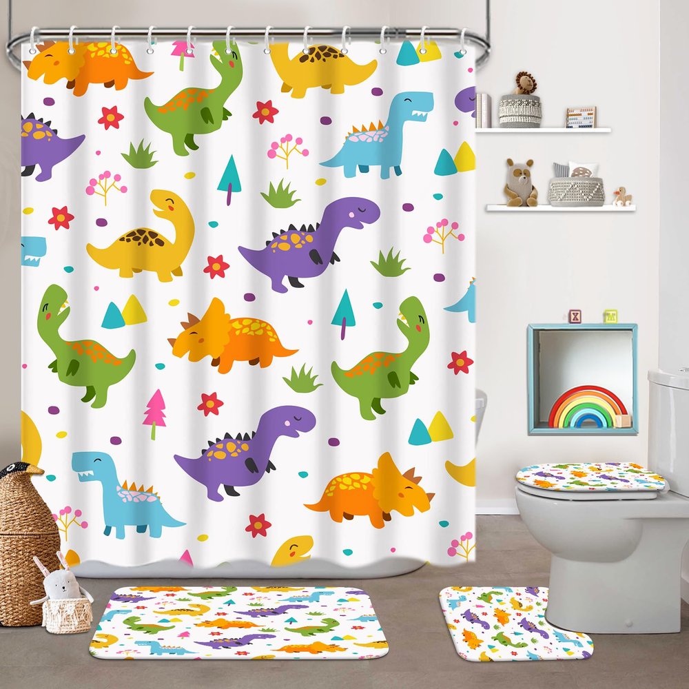 KINUUIS 4 Pcs Kids Bathroom Set Cartoon Dinosaur Shower Curtain Sets with Non-Slip Rugs Toilet Lid Cover and Bath Mat Set, Children Boy Bathroom Decor with 12 Hooks