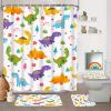 KINUUIS 4 Pcs Kids Bathroom Set Cartoon Dinosaur Shower Curtain Sets with Non-Slip Rugs Toilet Lid Cover and Bath Mat Set, Children Boy Bathroom Decor with 12 Hooks view 1