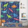 KINUUIS 4 Pcs Blue Dinosaur Bathroom Set Little Boy Cartoon Cute Shower Curtain Sets with Non-Slip Rugs Toilet Lid Cover and Bath Mat Set, Toddler Kids Boy Bathroom Decor with 12 Hooks view 1