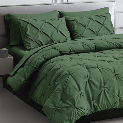 AVISHKA BEDDING All Sesions Comforter Set 7 Pieces Pinch Pleat Bed in A Bag, 500 TC 100% Egyptian Cotton Pintuck with Comforter Sheets Pillowcases & Shams Queen Olive Green