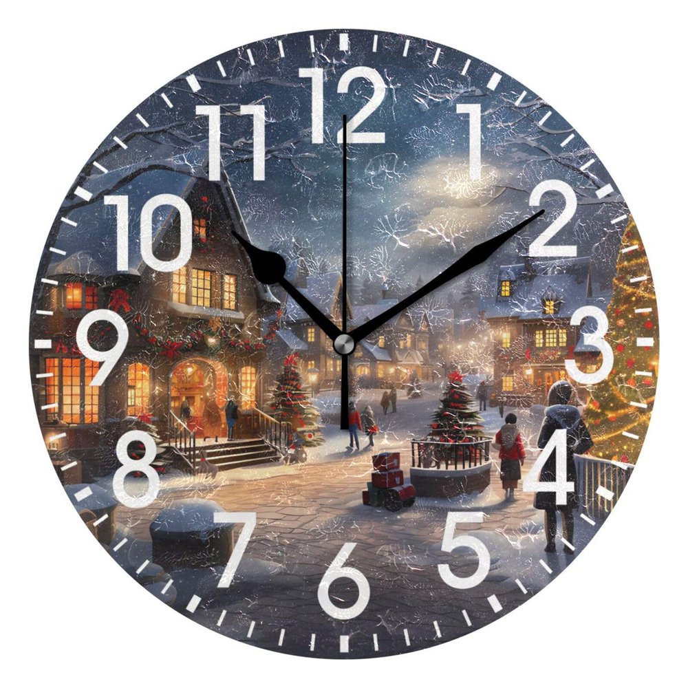 ALAZA Home Decor Merry Christmas Tree Cityscape Stylish Round Acrylic 9.84 Inch Wall Clock Non Ticking Silent Clock Art for Living Room Kitchen Bedroom