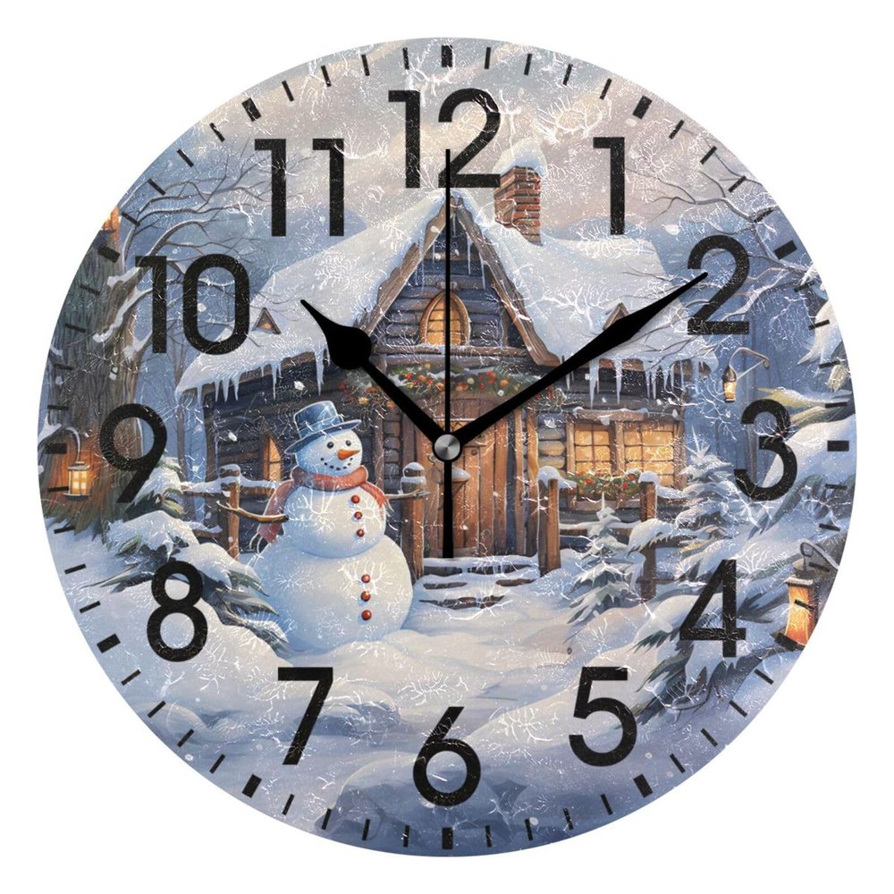 ALAZA Home Decor Merry Christmas Snowman House Winter Round Acrylic 9.84 Inch Wall Clock Non Ticking Silent Clock Art for Living Room Kitchen Bedroom