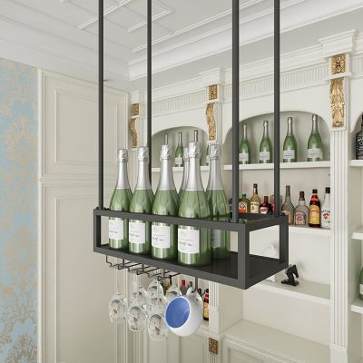 Black Wine Rack, Home Hanging Stemware Champagne Glasses Racks, Bar Restaurant Wine Bottle Holder Suspended Ceiling Wine Glass Storage Shelf Metal Ups