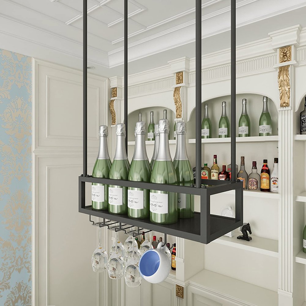 Black Wine Rack, Home Hanging Stemware Champagne Glasses Racks, Bar Restaurant Wine Bottle Holder Suspended Ceiling Wine Glass Storage Shelf Metal Ups