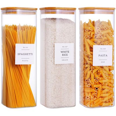 CZZGSM 3 Pack Square Kitchen Storage Jars with Airtight Bamboo Lids and 132 Pantry Labels - 80oz Glass Canisters with Wood Lids - Food Storage Containers for Spaghetti, Pasta, Fettuccine