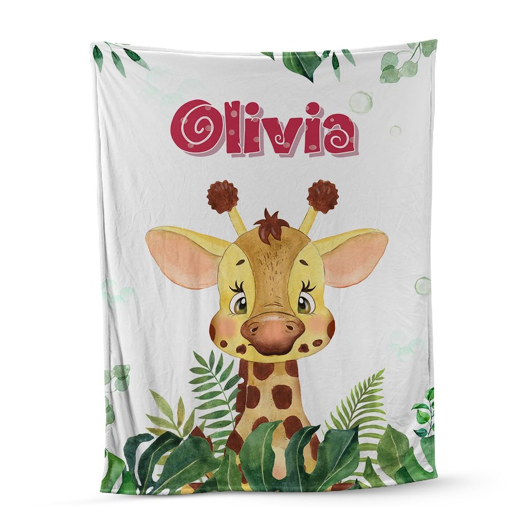 Kids Custom Blanket with Name Giraffe Customized Fleece Blanket Nursery Gift for Baby Girls Boys Super Soft Flannel Blanket Comfy Cozy Throw Blanket Decor Room Birthday Christmas Sofa Couch