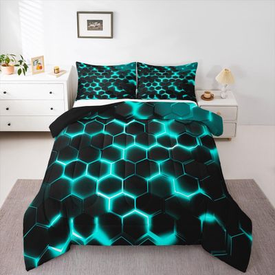 Erosebridal Teal Black Boys Comforter Sets Twin Neon Turquoise Geometric Honeycomb Bedding Sets Hexagon Bed Comforter Set Modern Fashion Geometrical Quilt Reversible Black 1 Pillow Case
