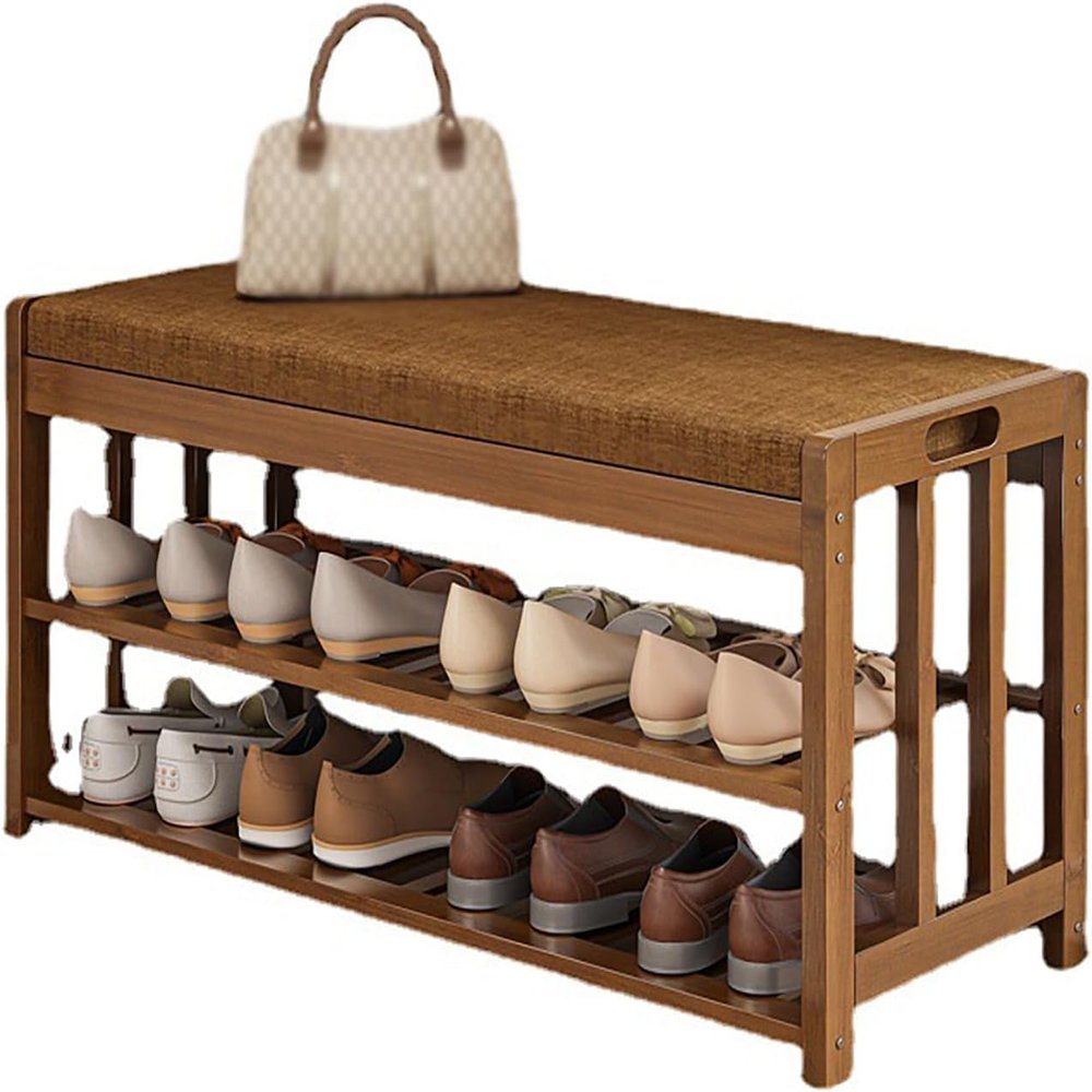 HOBIBA Organizer Living Room Shoe Bench Entryway with Cushion 2-Tier Shoe Cabinet Bench with Storage Cubbies, for Indoor Entrance Hallway Bedroom (Size:20x11x18in)