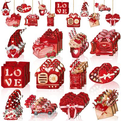 Anglechic 36 Pcs Valentine's Day Wood Ornaments Valentines Tree Decorations Valentines Wooden Hanging Ornament Love Heart Gnomes Wood Cutouts Pendant for Small Tree Valentine's Day Home Party Decor