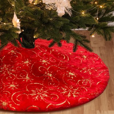 Amidaky Christmas Tree Skirt Red 48 inch Gold Christmas Tree Skirt Snowflakes Faux Fur for Xmas Holiday Home Party
