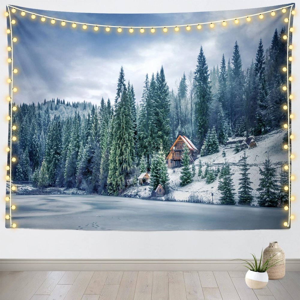 Loccor Winter Wall Tapestry 60''x50'' Snowy Forest Lake Mountain Wall Hangings Winter Natural Scene Tapestries for Home Living Room Bedroom Wall Decor