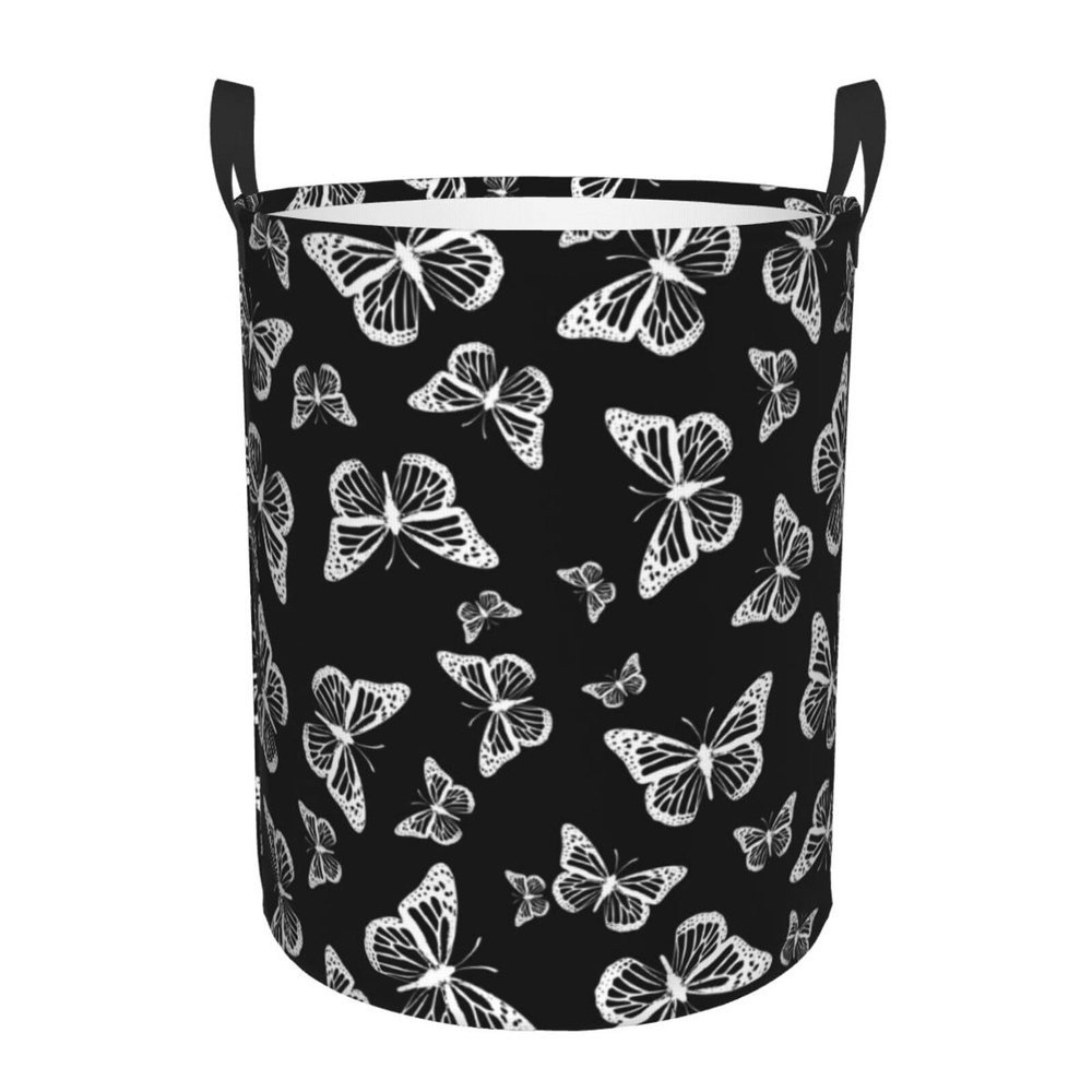 Yssammns Laundry Hamper, Pretty Black and White Butterflies Pattern Round Laundry Basket Storage Baskets Collapsible Organizer Basket, for Bedroom, Bathroom, Toys Storage Small