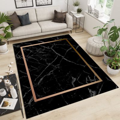 3D Black Marble Area Rugs, Golden Square Geometric Pattern Apartment Carpet, Bedroom Rug Fine Fluff Easy Care Apply to Farmhouse Bedroom Area Home Decor,46ft/120 * 180cm