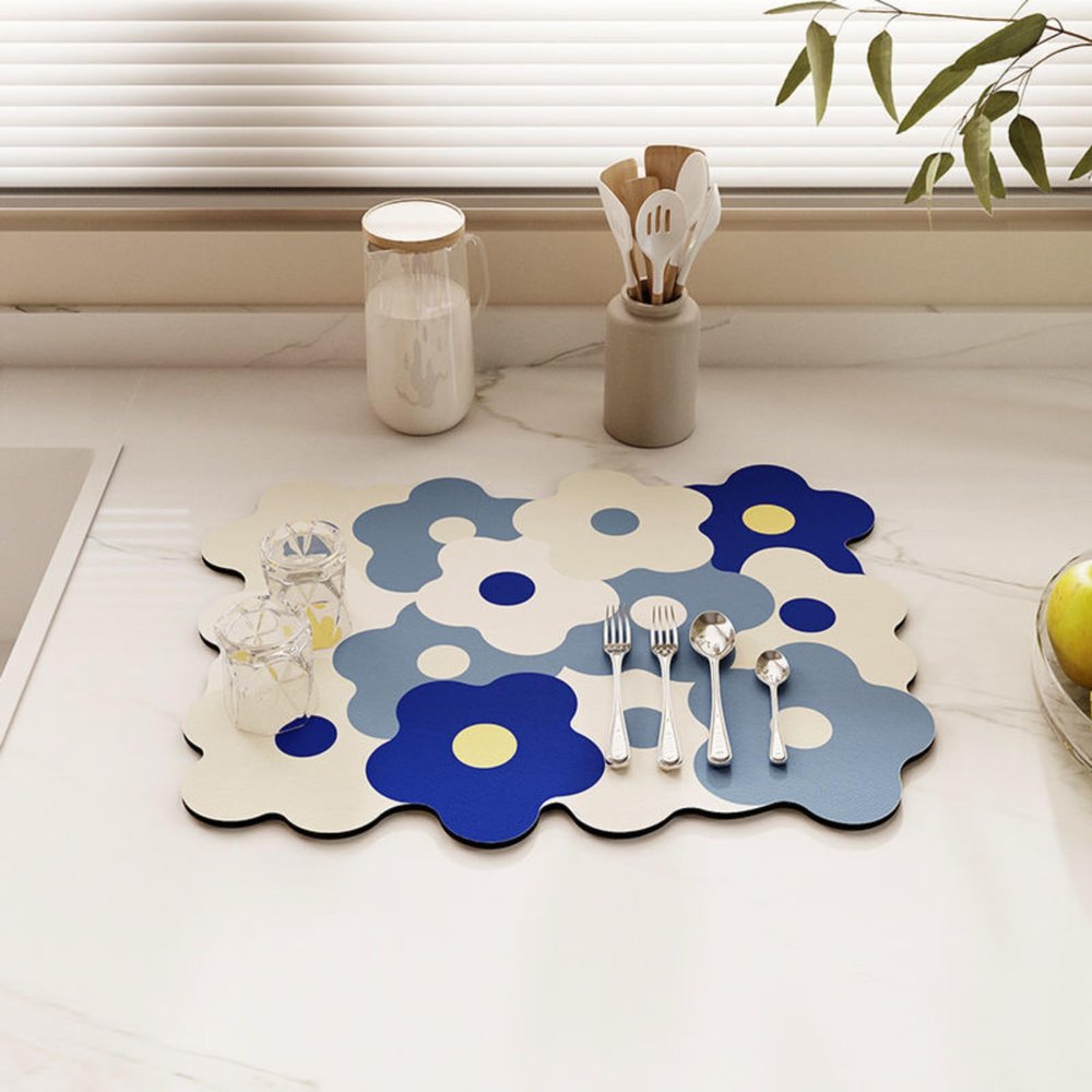 Kitchen Dish Drying Mat, Flowers Pattern Diatomite Absorbent Drainer Mat, Coffee Machine Countertop Quick-Drying Mat Insulation Pad Sink Mat (2pcs,Blue Flowers)