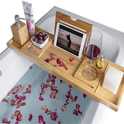 Bath Board Caddy Shelf Bamboo Over Bath Tray Rack Bathtub Storage Wood Bath Table for Phone Extendable Bath Shelf with Bookshelf and Wine Glass Holder Bath Stand Attachment for Home Hotel