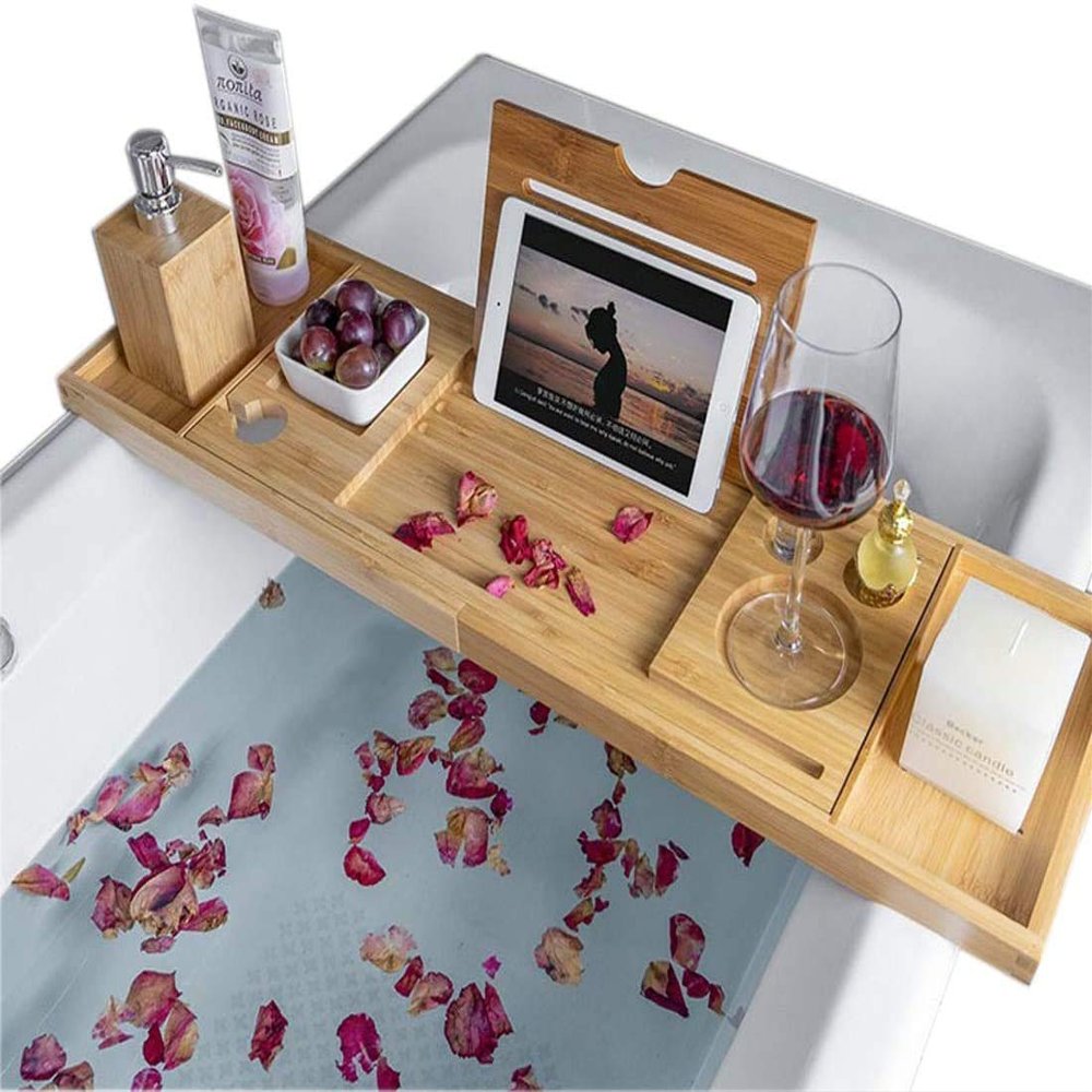 Bath Board Caddy Shelf Bamboo Over Bath Tray Rack Bathtub Storage Wood Bath Table for Phone Extendable Bath Shelf with Bookshelf and Wine Glass Holder Bath Stand Attachment for Home Hotel