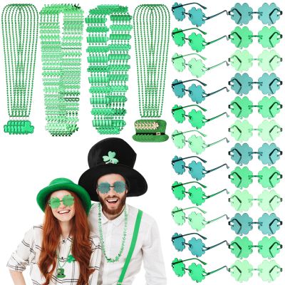 Ferreve 48 Pcs St. Patricks Day Party Favors Set Includes 24 Green St. Patrick's Day Shamrock Beads Necklaces Saint Patricks Day Accessories 24 St. Patrick's Day Shamrock Eyeglass Sunglasses Gifts
