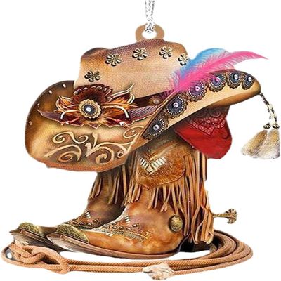 1Pc Cowboy Boots Hanging Ornament for Christmas Tree, Flat Arcylic Cowboy Boots and Hat Car Rearview Mirror Decorative Hanging Ornaments Accessories Xmas Decor Single Sides