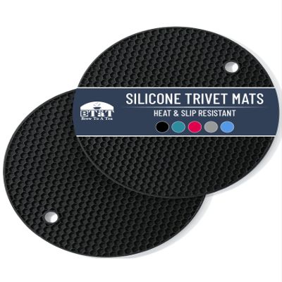 BTaT Silicone Trivet Mats, 2 Pack - Black Round Silicone Trivets for Hot Pots, Pans & Dishes