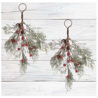 Factory Direct Craft Artificial Snowy Pine Teardrop Hangers Set of 2 for Christmas Decorating and Holiday Displays - 13 Inches Long