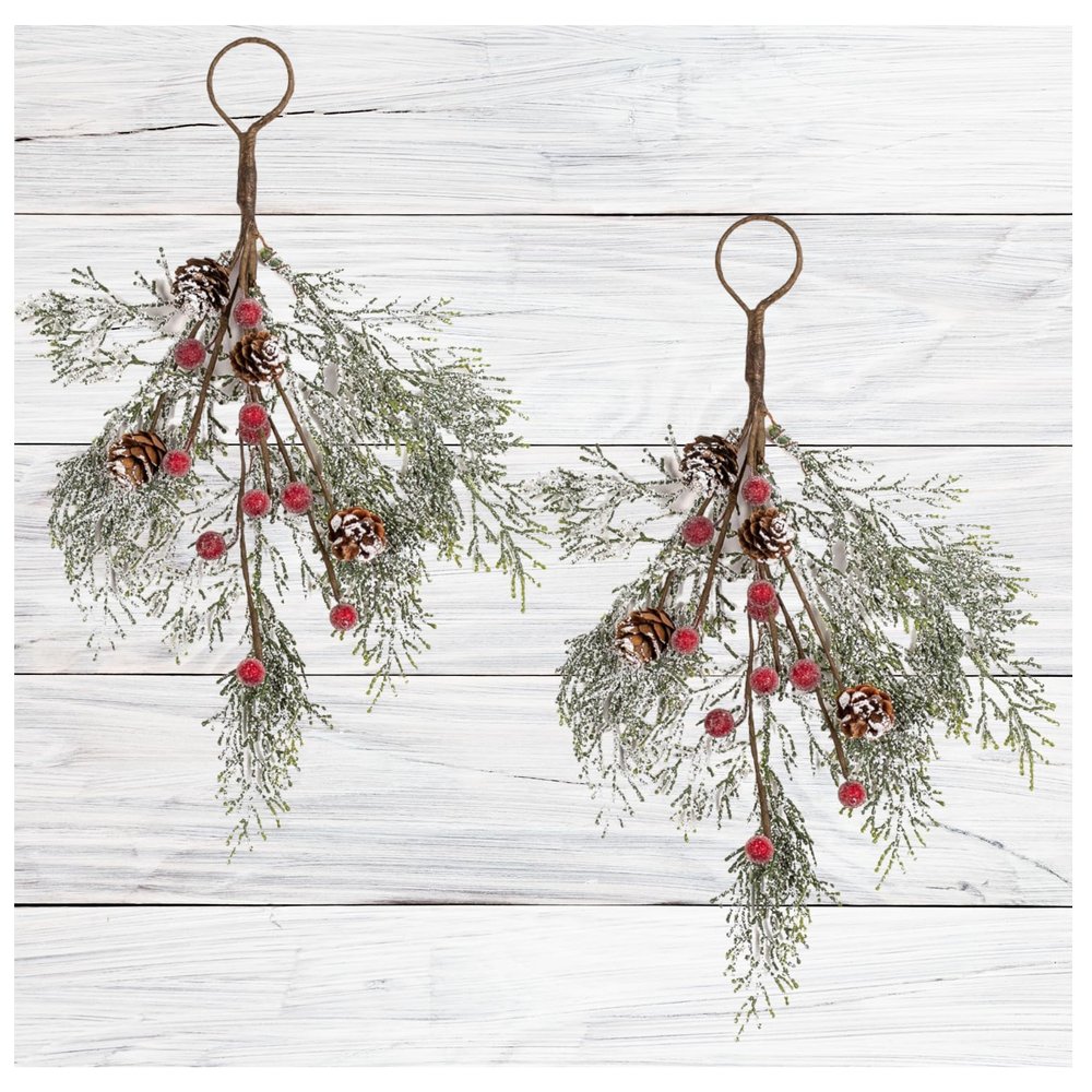 Factory Direct Craft Artificial Snowy Pine Teardrop Hangers Set of 2 for Christmas Decorating and Holiday Displays - 13 Inches Long