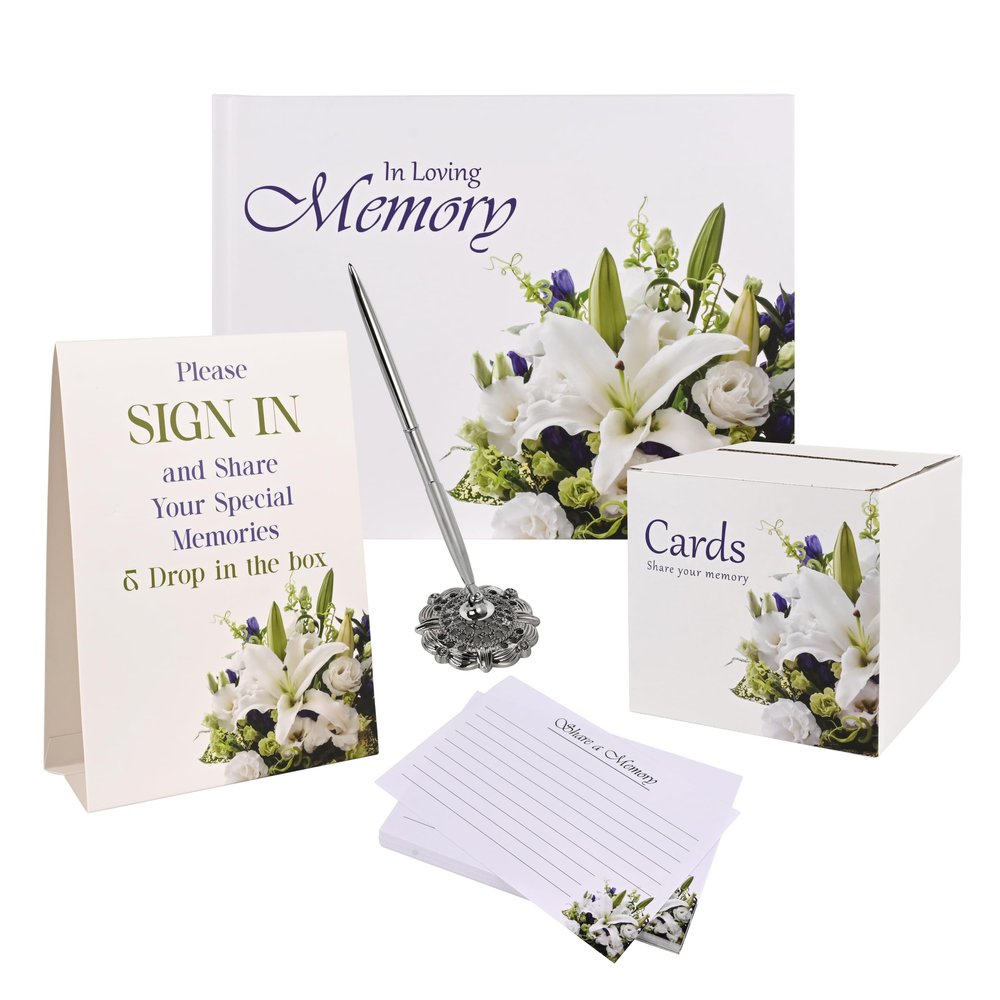 Customoffi Funeral Guest Book Set for Memorial Service  Complete Celebration of Life Guest Book Set with Memory Cards, Pen & Keepsake Box for Funeral Memory Table
