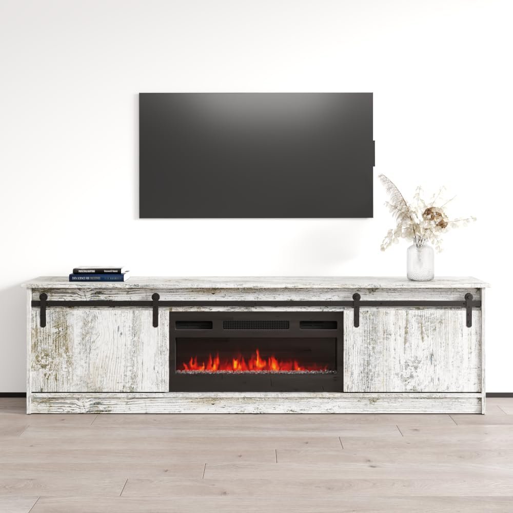 Meble Furniture Granero 04 BL-EF TV Stand with Electric Fireplace - Modern Rectangular TV Stand with Storage Cabinets - Media Entertainment Center Console Table for TV Up to 85" - Whitewash