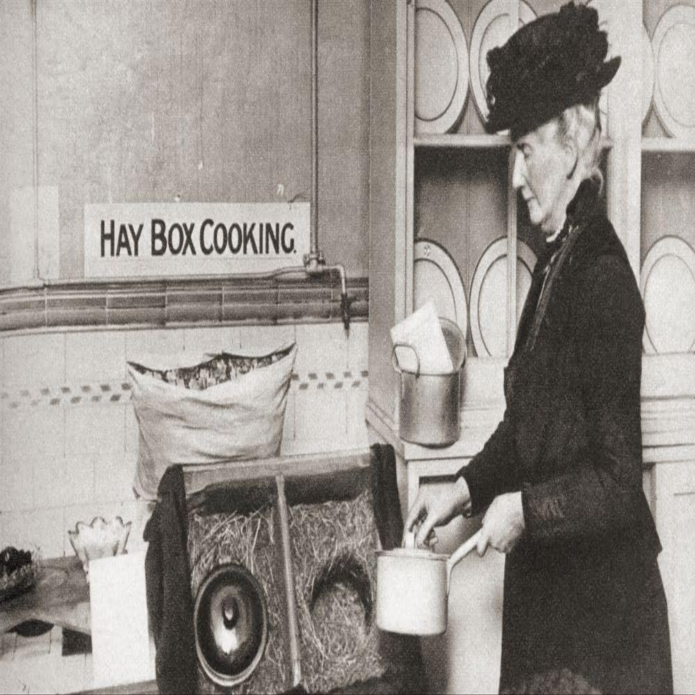 Economy in fuel led to the adoption of the hay box aka straw box fireless cooker insulation cooker wonder oven or retained-heat cookers being used during World War I. These cookers utilized the heat of the food being cooked to complete the cooking pr