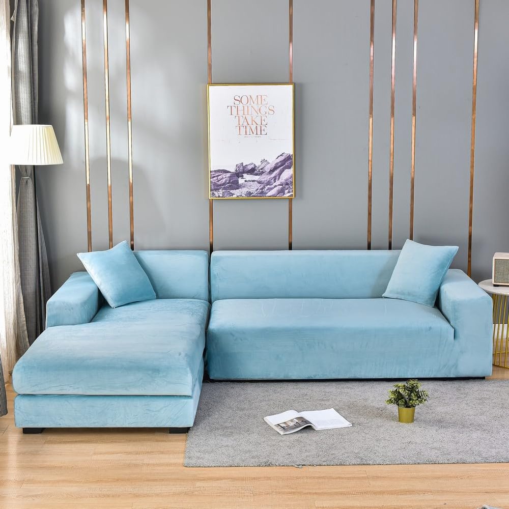 Hixingo Stretch Sofa Covers Velvet Couch Cover Solid Color Sofa Slipcovers, Washable Armchair Cover Non-Slip Couch Covers Loveseat Covers Sofa Cover (Large (75"-91"),Light Blue)