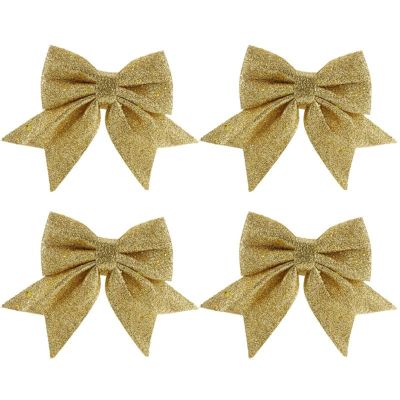 INEOUT 4Pcs Christmas Gold Dust Bows Christmas Tree Printed Bow Ornaments Christmas Glitter Ribbon Bow Christmas Tree Decorations (Size : 4pcs, Color : Gold)