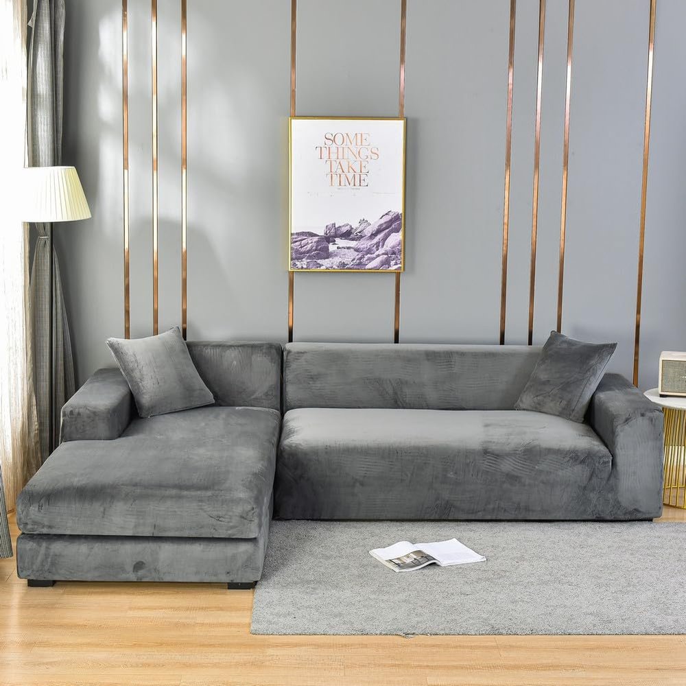 Hixingo Stretch Sofa Covers Velvet Couch Cover Solid Color Sofa Slipcovers, Washable Armchair Cover Non-Slip Couch Covers Loveseat Covers Sofa Cover (Large (75"-91"),Gray)